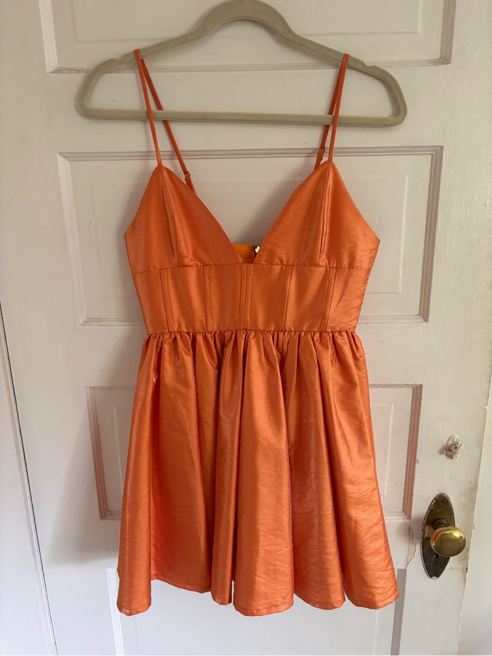 Away Orange Satin Spaghetti-Strap Mini Dress